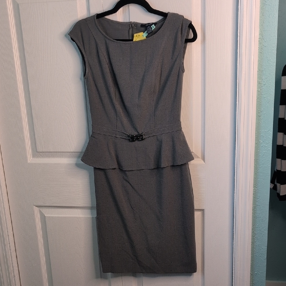 Chaps Gray Midi Dress with Peplum Detail
